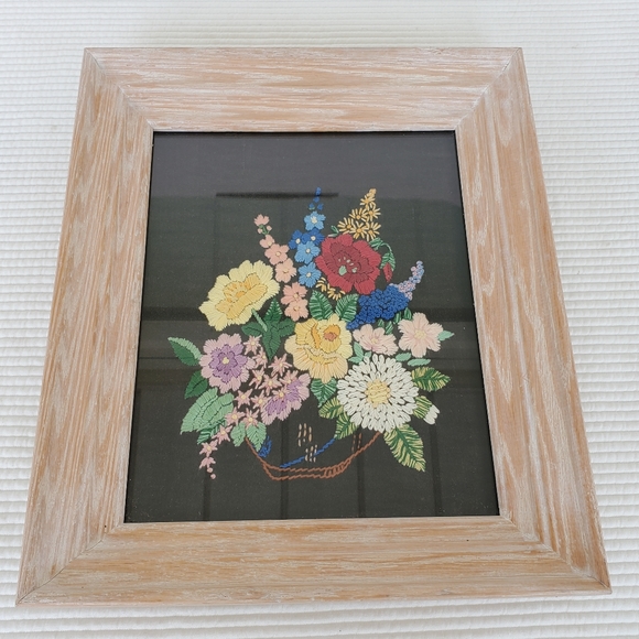 Embroidered Floral Tapestry 13x11 Glass Framed Handmade Needlepoint Cottagecore - Picture 1 of 7